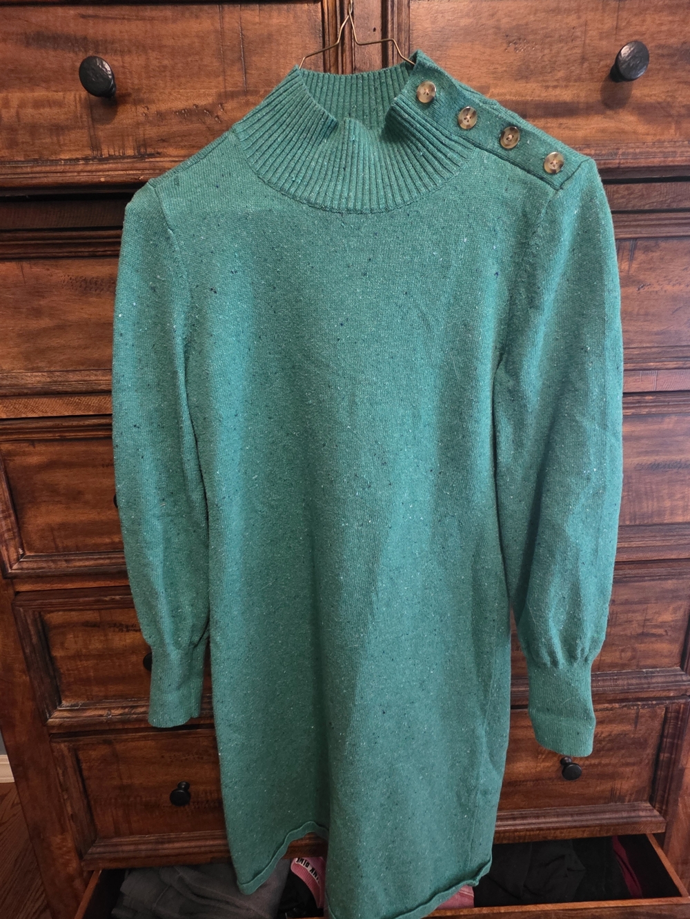 Talbots Green Button-Shoulder Turtleneck Sweater Dress